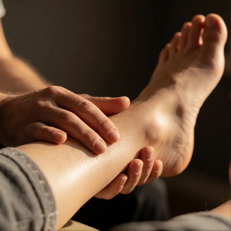 A therapist assessing an ankle at Woodside Physical Therapy